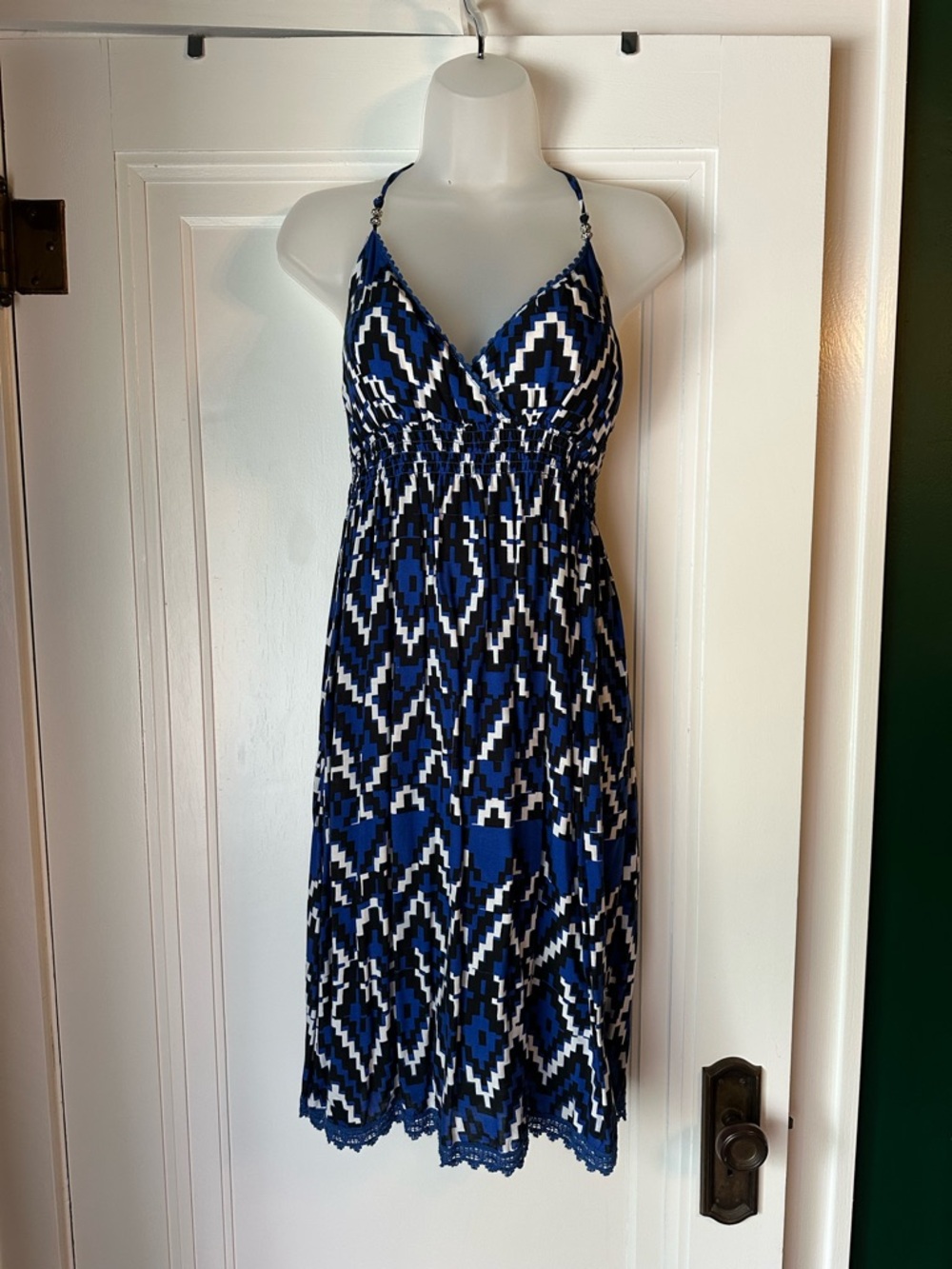Derek Heart Blue, Black & White Geometric Halter Midi Dress